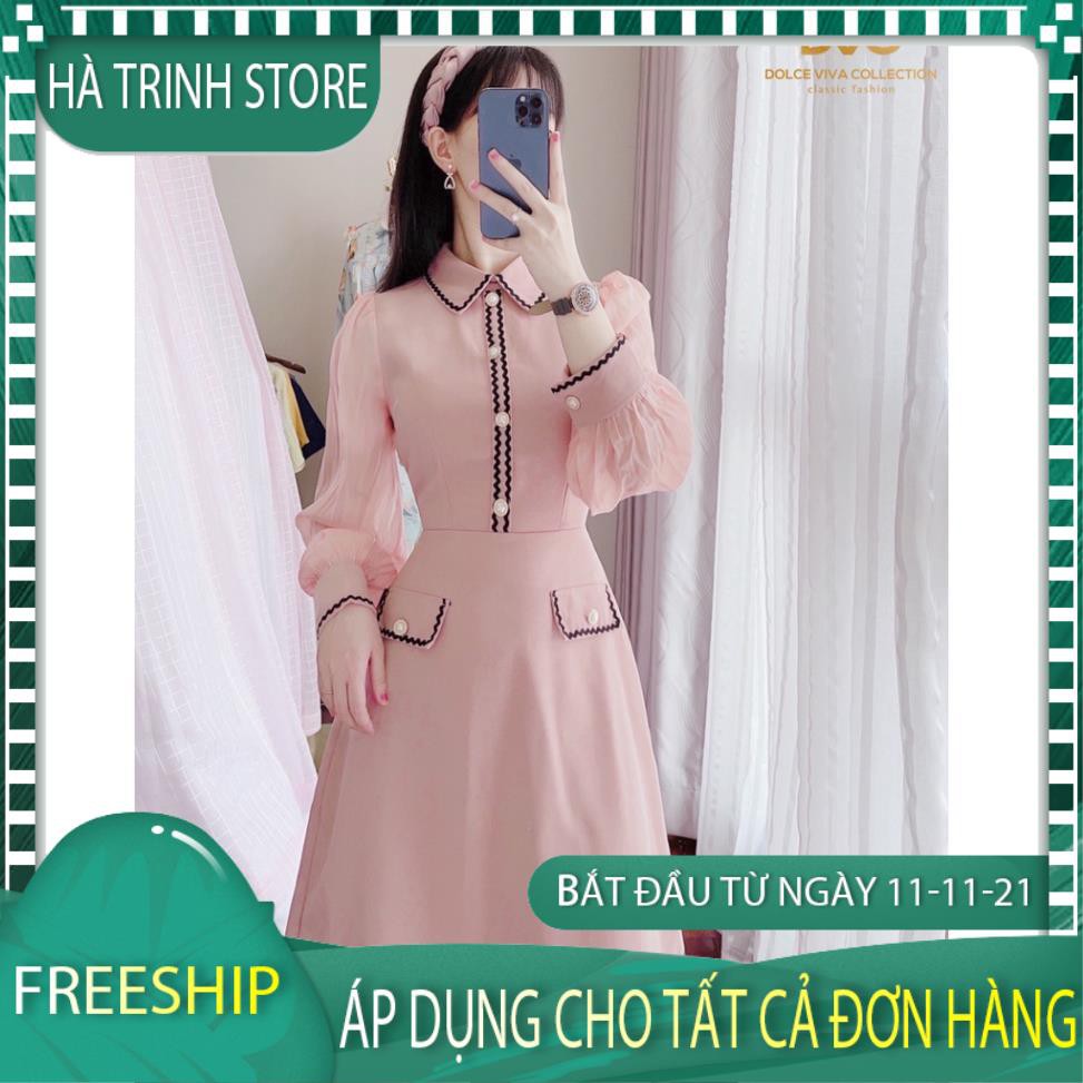 Váy đầm thiết kế cao cấp công sở dự tiệc be xòe phối V2142  - HÀ TRINH STORE | BigBuy360 - bigbuy360.vn