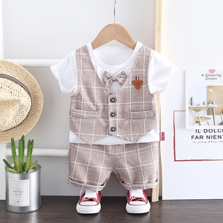 Set Áo Thun Ngắn Tay Cổ Tròn + Áo Vest Cộc Tay Cổ Bẻ + Quần Short Lưng Thun Thời Trang Cho Bé Trai