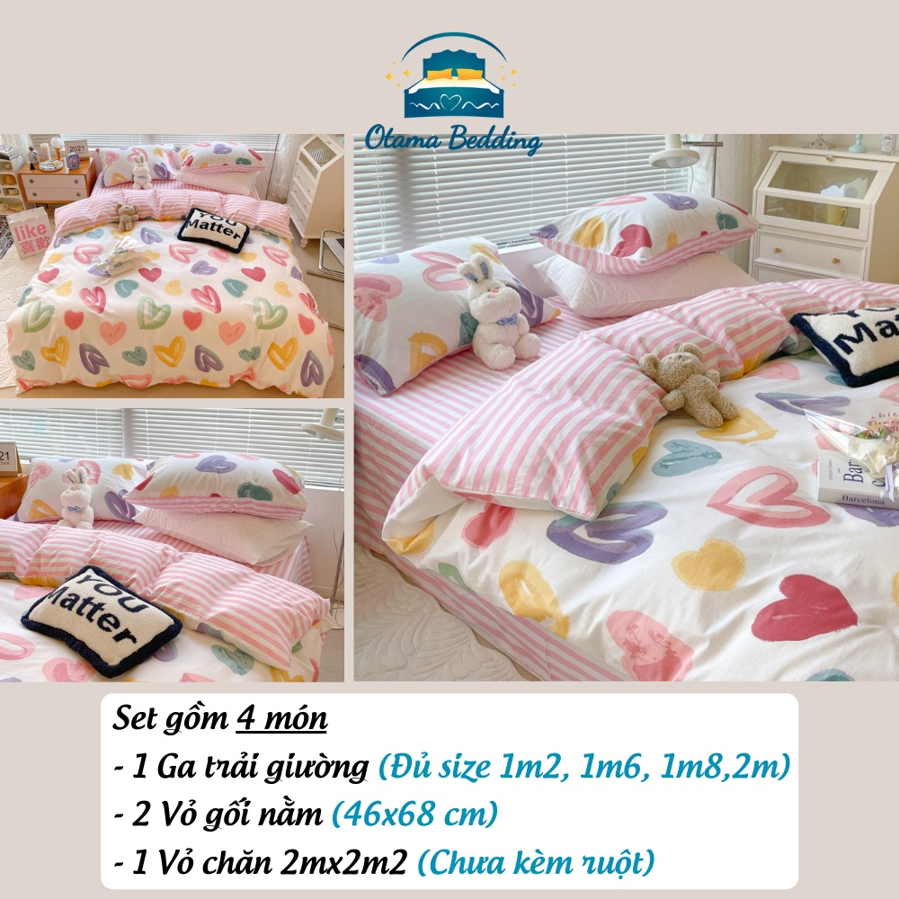 Bộ chăn ga gối 4 món kèm vỏ gối cotton poly trái tim vintage , Bộ ga gối drap giường bo chun - Otama Bedding | BigBuy360 - bigbuy360.vn