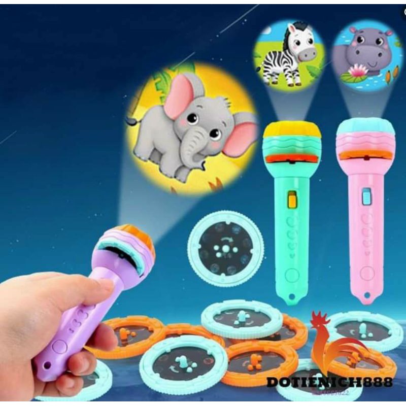 Đèn pin chiếu hình động vật ngộ nghĩnh, đồ chơi cho bé phát triển trí tuệ bé vui chơi khám phá