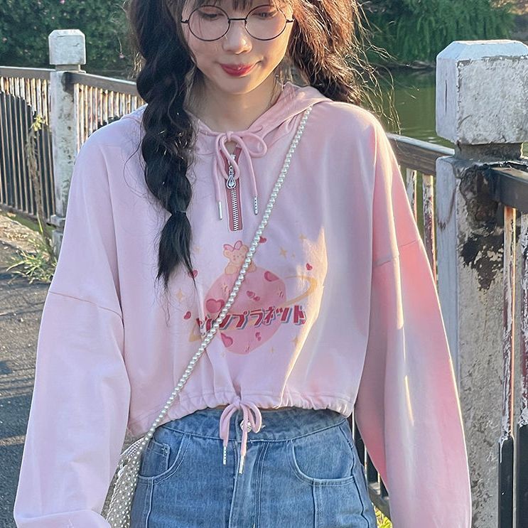 Jiashucheng Áo Hoodie Lửng Tay Dài Dáng Rộng In Hình Gấu Hoạt Hình Màu Hồng Thời Trang Mùa Thu Cho Nữ