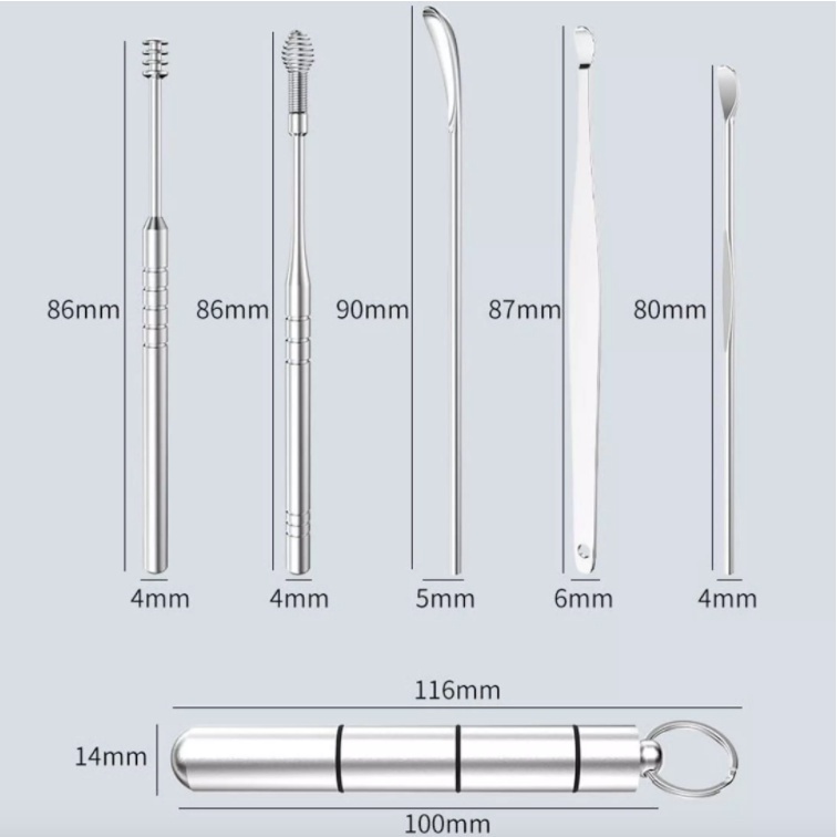 Bộ dụng cụ vệ sinh tai ngoáy tai đồ lấy ráy tai Cao Cấp 6 món bằng thép không gỉ cho gia đình.móc khoá