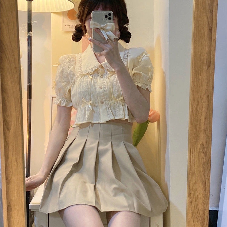 Bộ Áo Tay Phồng Ngắn Cổ Búp Bê Phối Chân Váy Xếp Ly Kiểu Retro Hàn Quốc Thời Trang Mùa Hè Cho Nữ