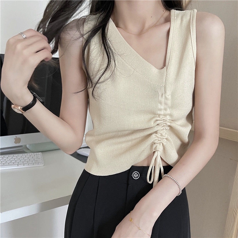 Áo kiểu IELGY không tay phối dây rút dệt kim cá tính thời trang dành cho nữ