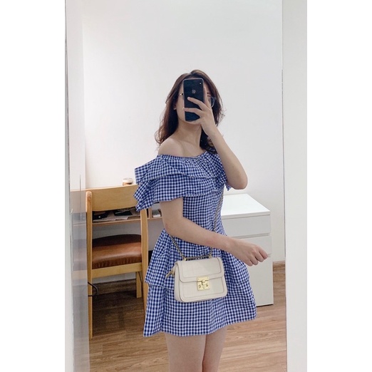 Váy/đầm trễ vai caro xanh ôm body, váy nhúm vai tiểu thư hot hit mùa hè, đi biển | BigBuy360 - bigbuy360.vn
