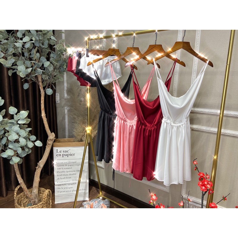 Váy ngủ nữ, váy 2 dây cổ đổ hở lưng chất lụa satin, có kèm quần ngắn bên trong, phom váy đẹp, gợi cảm cho phái nữ | BigBuy360 - bigbuy360.vn