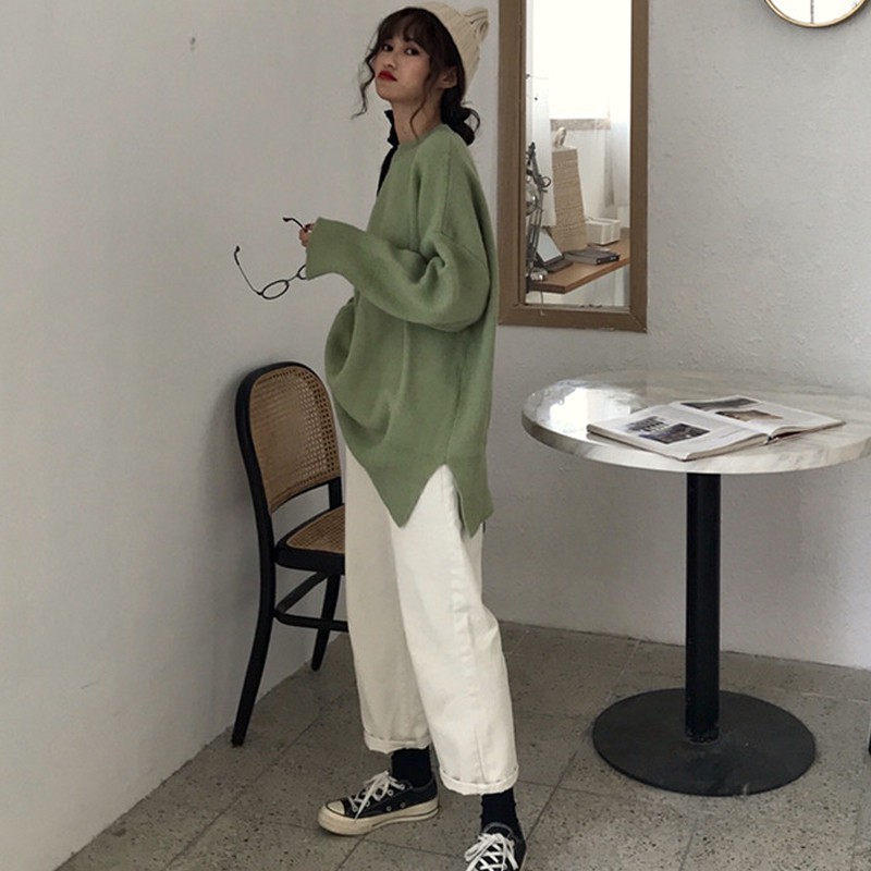 Áo len nữ form rộng xẻ vạt màu Vintage