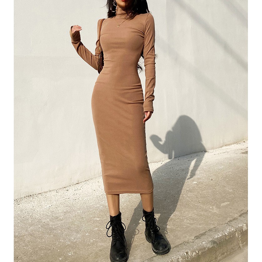 Đầm Dài Qua Gối Tay Dài Cổ Cao Dáng Ôm Thời Trang Thu Đông Cho Nữ