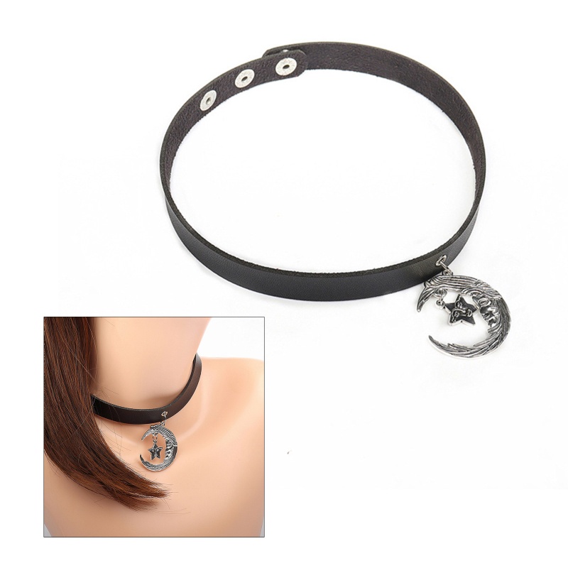 Vòng Cổ Choker Bằng Da Pu Màu Đen Điều Chỉnh Được Mặt Trăng Và Ngôi Sao