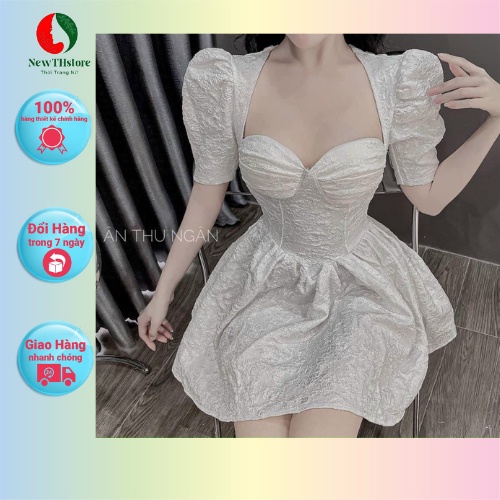 Đầm gấm xốp in hoa form xòe dài rớt vai phối nơ tay cực kì xinh hàng loại 1 có mút ngực