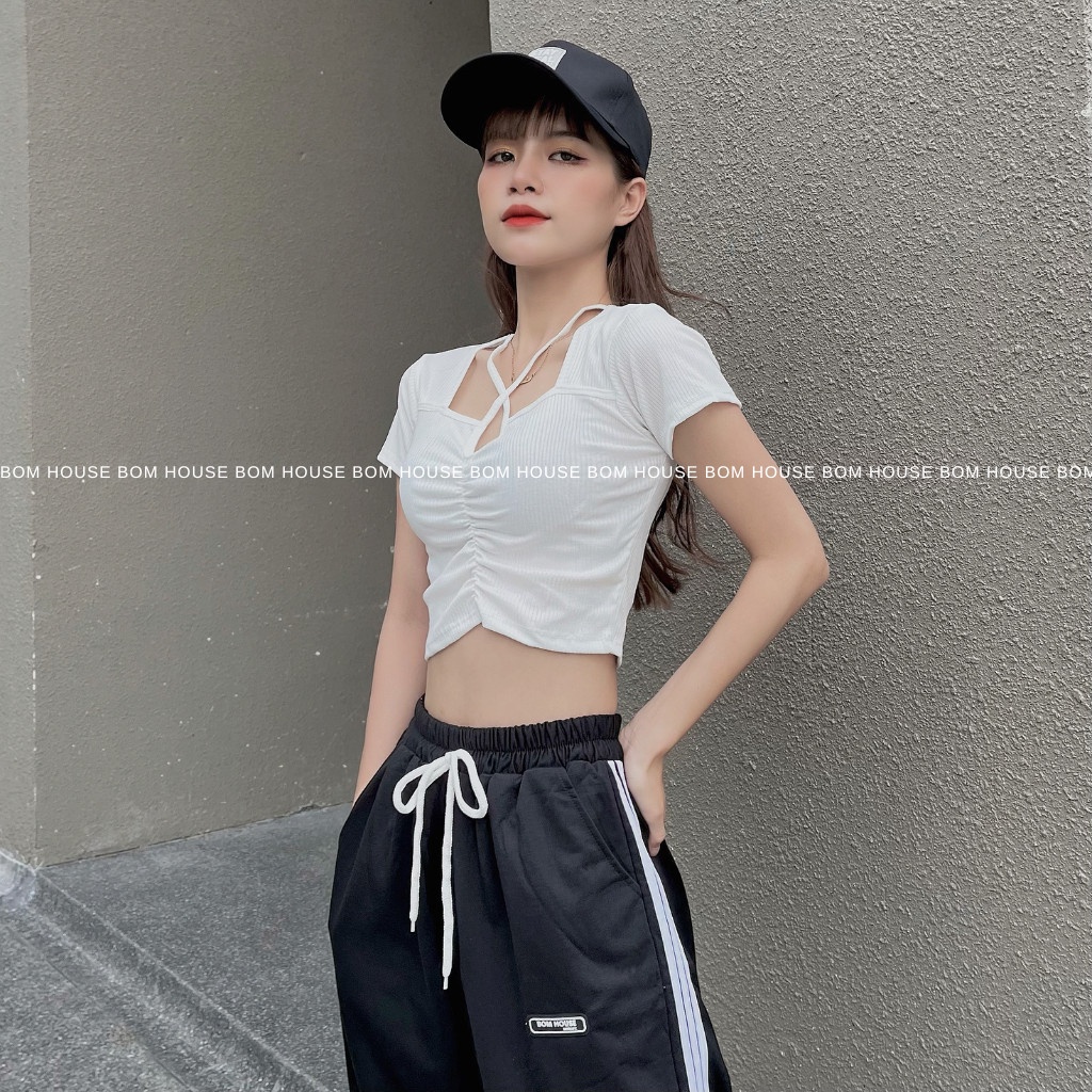 Áo Croptop Nữ Trơn Basic Dây Chéo BOM HOUSE Chất Liệu Thun Gân
