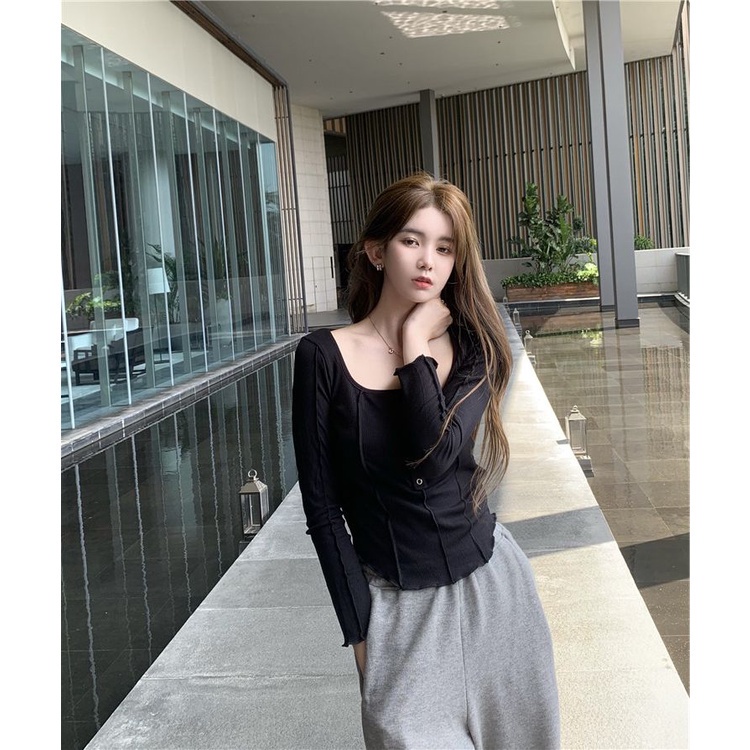 Áo thun tay dài cổ tròn màu sắc đơn giản