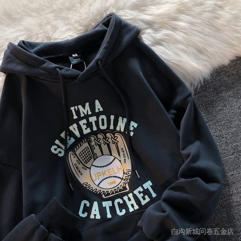 Áo sweater hoodie form rộng in hình găng tay bóng chày xu hướng đường phố Mỹ retro màu xanh lá đậm cho couple