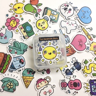 Combo 32 sticker cute kèm hộp đựng xinh xắn dán trang trí sổ tay, scrapbook, planner, size 3cm