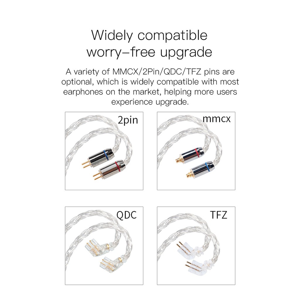 Cáp Bạc 8 Lõi 2.5 / 3.5 / 4.4mm Kèm Cáp Mmcx / 2pin / Qdc Cho Kz Zs10 Pro As10 Zsx Zsn Pro C12