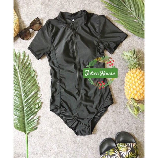 Đồ bơi liền mảnh (MONOKINI) ngắn tay đen khoá kéo tôn dáng