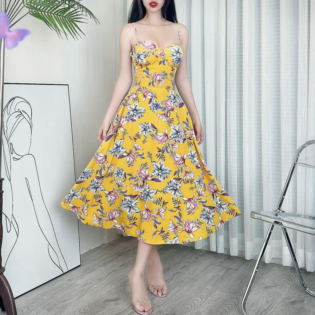 Đầm midi nữ 2 dây cúp ngực hoa MIMIX DA3225