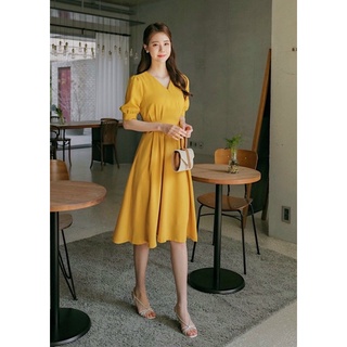 Đầm Midi Vàng Bo Eo( Kèm Hình Chụp Thật)