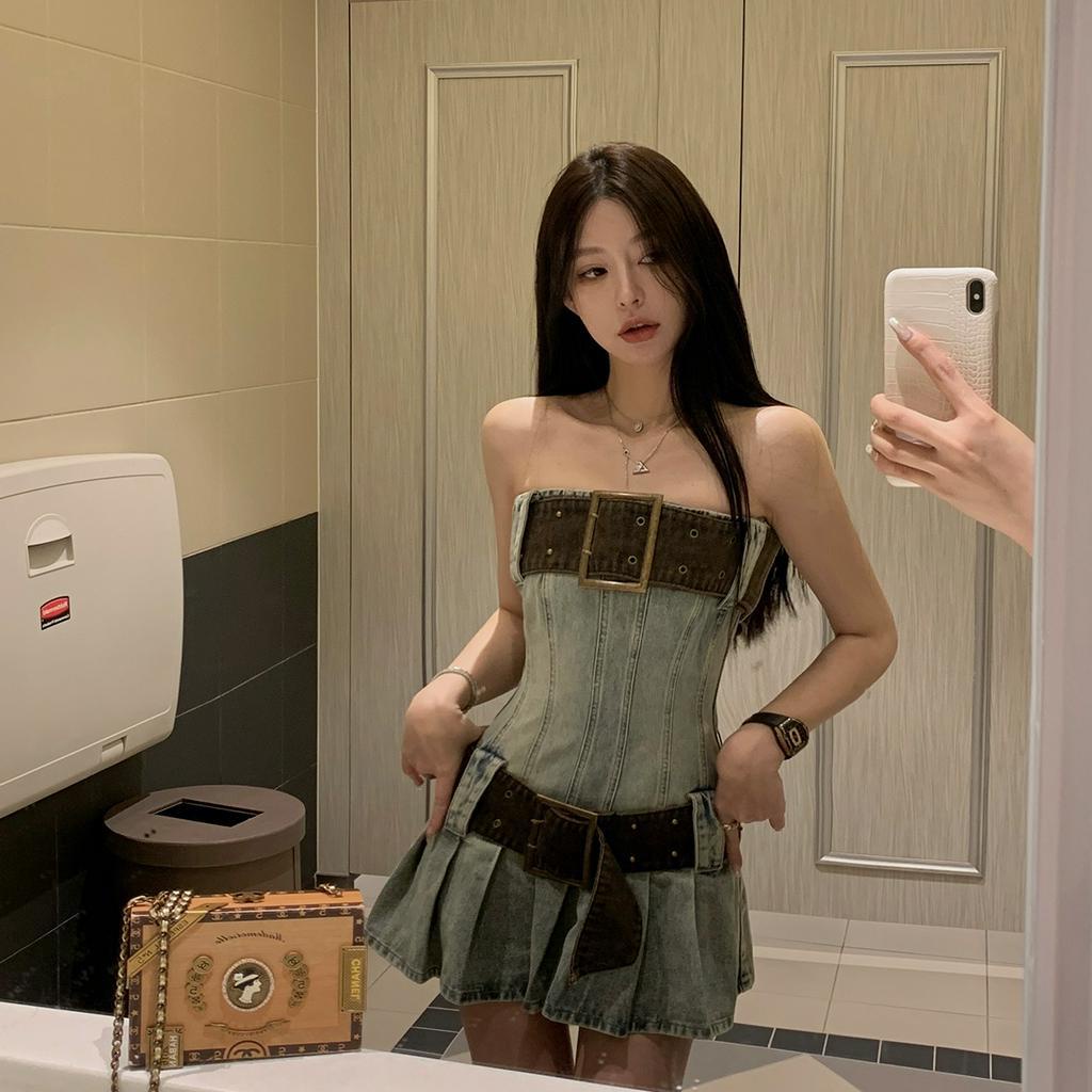 Đầm denim Ngắn Quấn Ngực Phong Cách retro Mỹ Thời Trang Mùa Hè Hàng Mới Dành Cho Bạn Gái