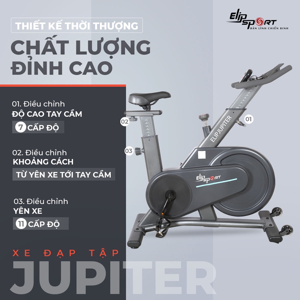 Xe Đạp Tập Thể Dục Tại Nhà ELIP Jupiter - 11 Cấp Độ Điều Chỉnh Yên Xe, Nút Kháng Lực Vô Số Cấp, Bánh Đà Êm Ái