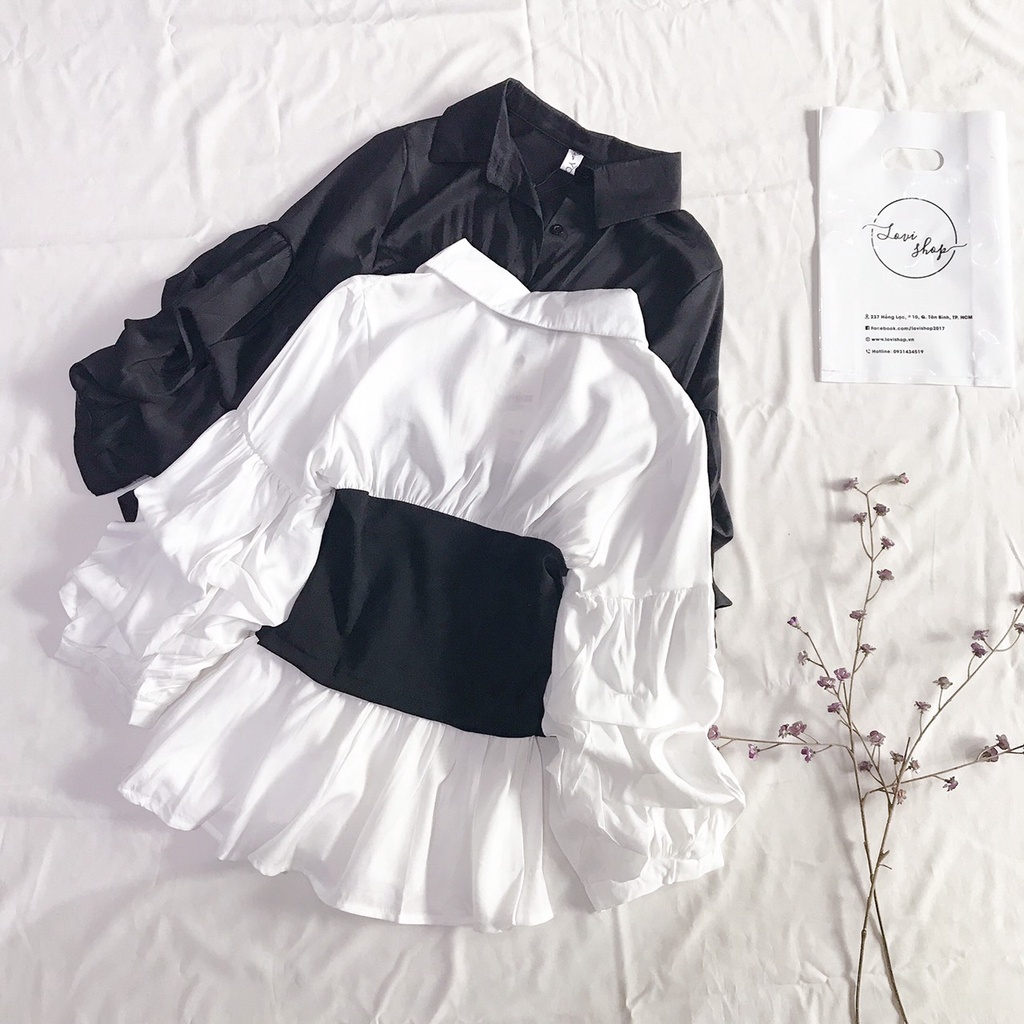 Áo sơ mi tay loe phối màu trắng đen sang chảnh Lovi