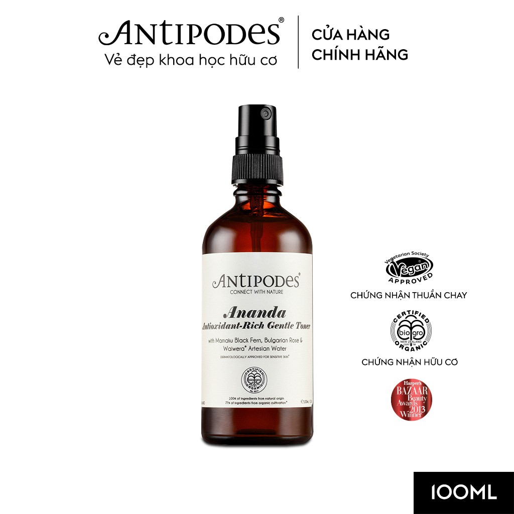 [Mã BMBAU50 giảm 50K đơn 150K] Nước Hoa Hồng Dịu Nhẹ Antipodes Ananda Antioxidant-Rich Gentle Toner 100ml