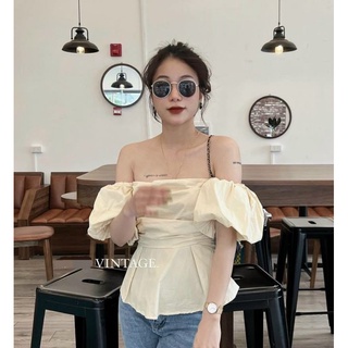 Áo peplum bẹt vai nude xếp ly ngực tay phồng kèm mút ngực xinh