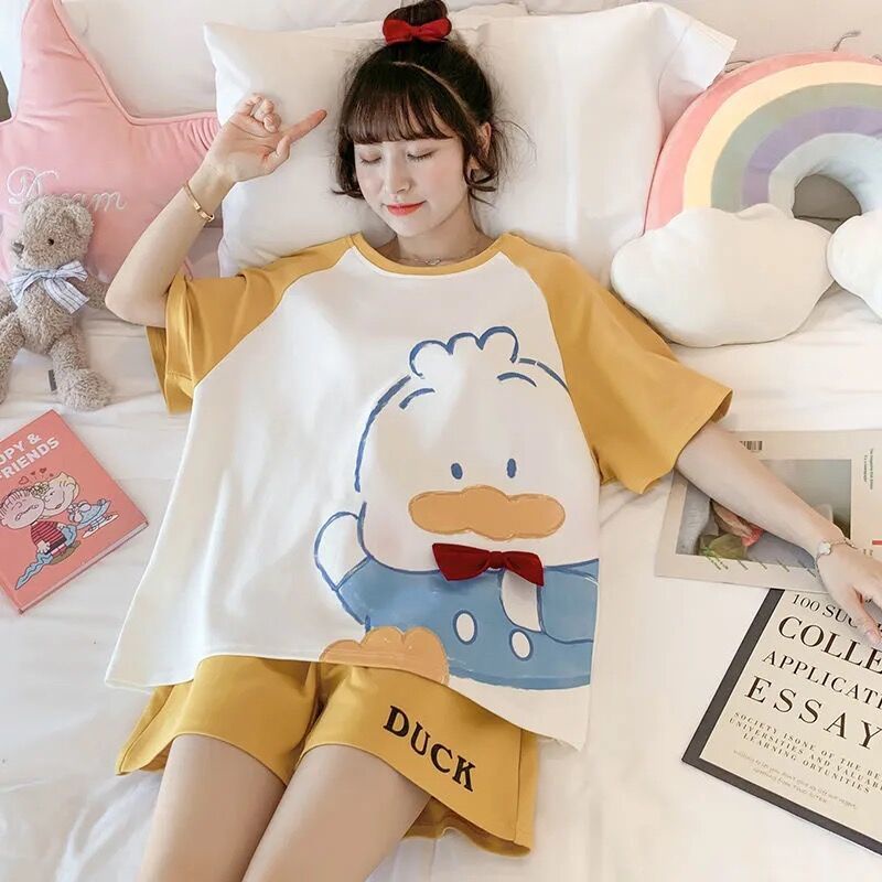 Bộ đồ ngủ tay ngắn và quần ngắn phong cách Nhật Bản dễ thương thời trang mùa hè cho nữ