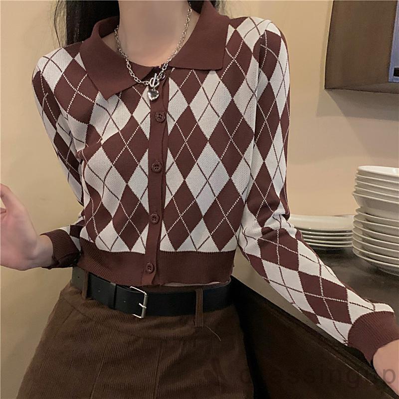 Áo sweater tay dài cổ bẻ phối nút đính đá thời trang cho nữ