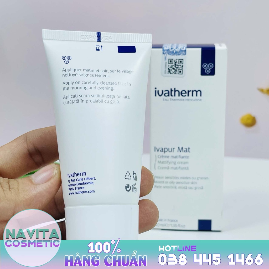 Ivapur Mat Mattifying Cream Ivatherm, Kem Dưỡng Ẩm Cho Da Dầu Mụn 40ml