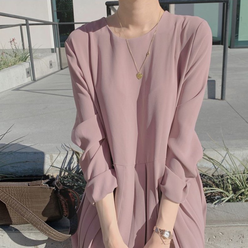 Đầm midi màu trơn cổ tròn dài tay dễ thương 32352 | BigBuy360 - bigbuy360.vn