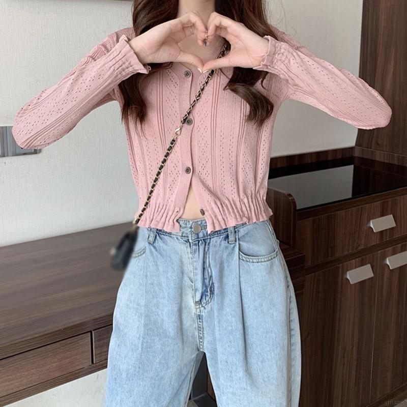 Áo Cardigan Dệt Kim Tay Dài Cổ Chữ V Phối Hàng Nút Phong Cách Hàn Quốc