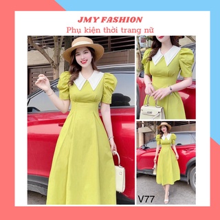 V77 váy xanh bơ midi tiểu thư cổ lá - th hà thanh