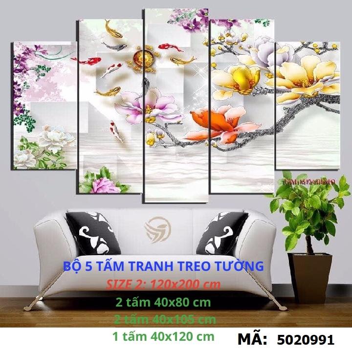 Bộ 5 Tấm Tranh treo tường Phong Thủy Hoa Mẫu Đơn Cá Chép Cửu Ngư Quần Hội Tụ phòng khách trang trí nhà cửa 5020991