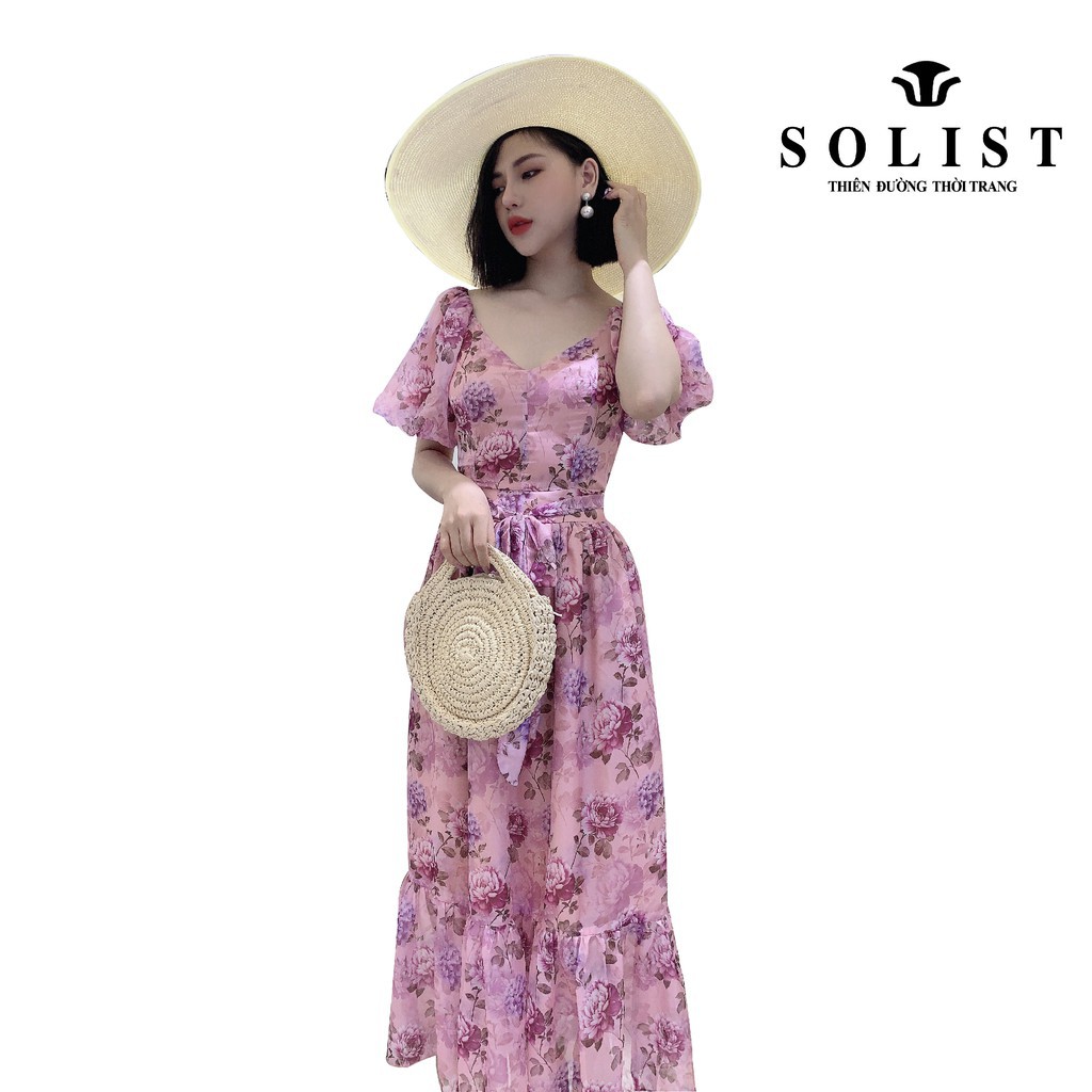 Váy Hoa Tiết Hồng Nữ Tính SOLIST -Hàng cao cấp