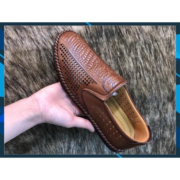 Xả Mới - Giày Lười Nam Da Bò Thật 100% Cách Tân Slipon Đục lỗ thoáng khí Màu Đen & Vàng Nâu (2H - 49) AL6 " '