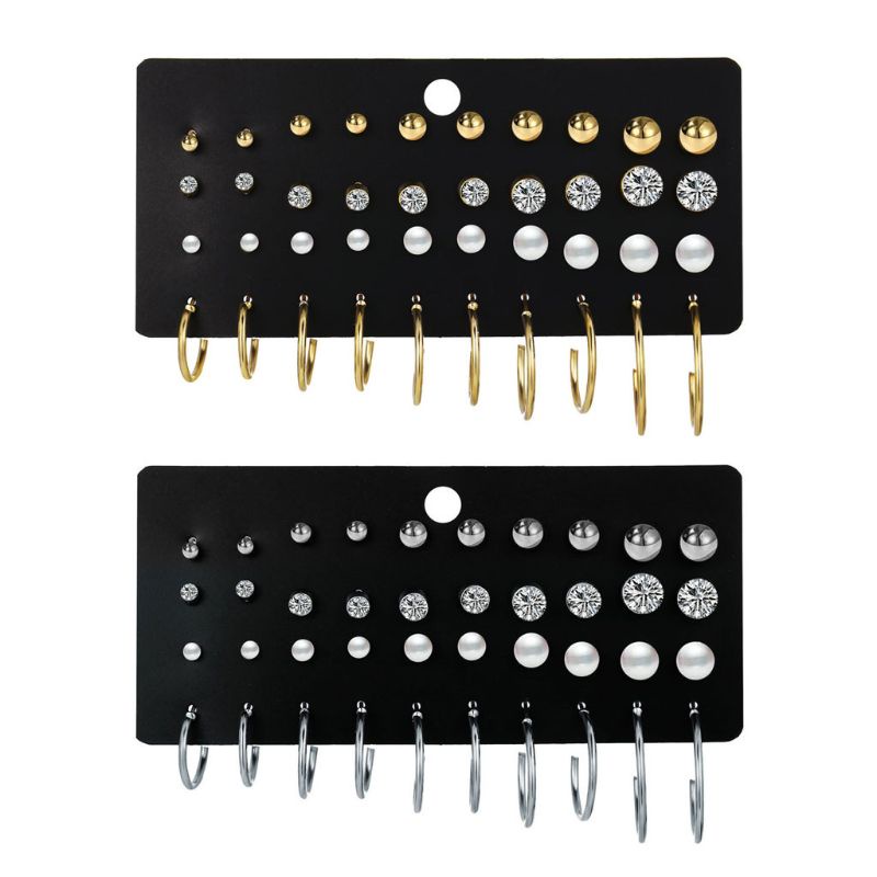 Set 20 cặp khuyên tai tròn mini đính hạt ngọc trai giả bằng pha lê kim loại thời trang cho nam và nữ