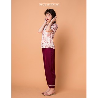 [Folie Homewear chính hãng] Set đồ bộ mặc nhà áo tay ngắn quần dài lụa màu tím mận FB36.5