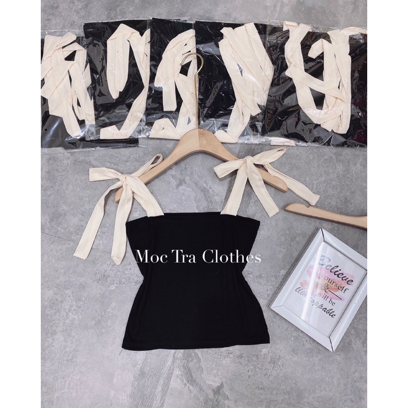 Áo hai dây thắt nơ vai tiểu thư dáng ôm siêu xinh, Áo kiểu nữ 2 dây phối nơ tơ lụa chất cotton zip đẹp giá rẻ | BigBuy360 - bigbuy360.vn