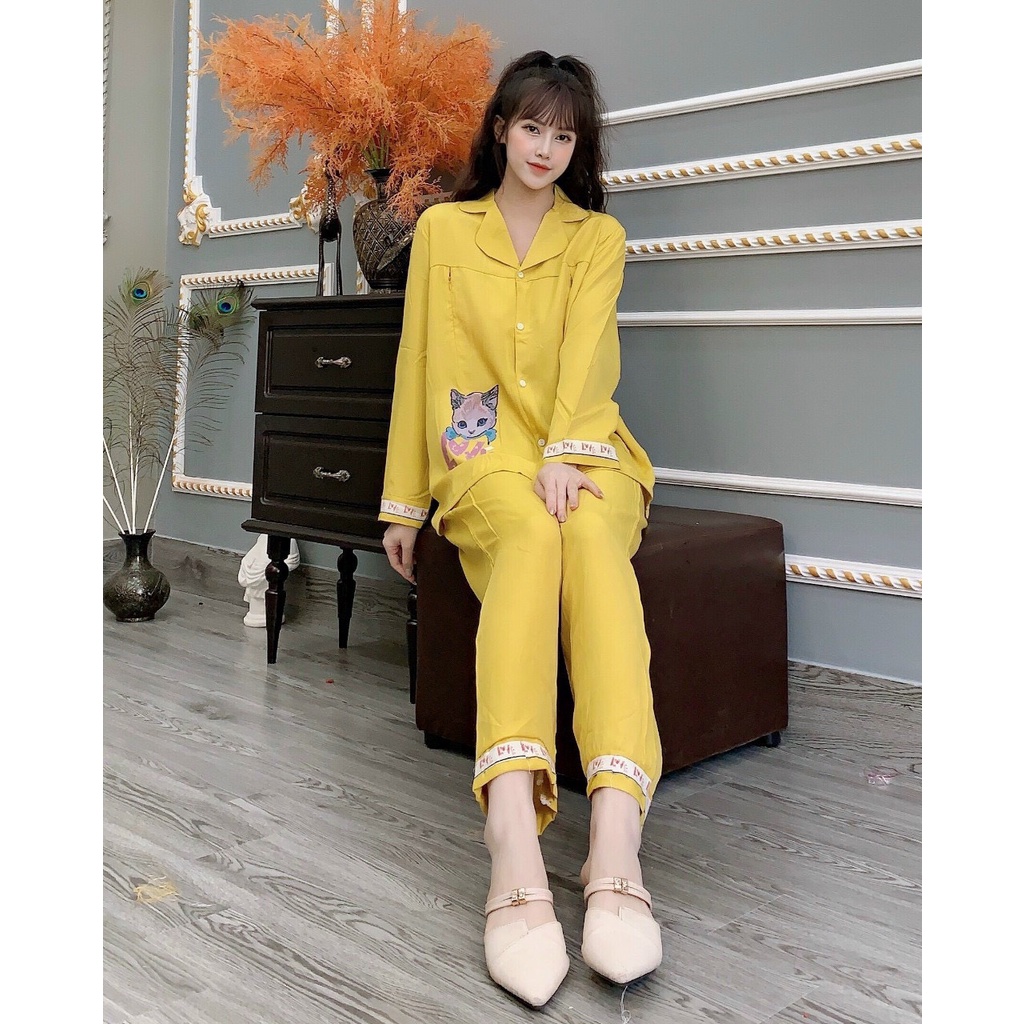 Bộ Bầu Pyjamas Mặc Nhà,Bộ Đồ Bầu Sau Sinh Mở Cúc Cho Con Bú và Quần Chun Chỉnh Bụng, Dài Tay