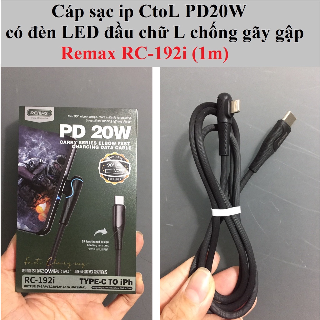 Cáp sạc ip CtoL PD20W có LED đầu chữ L chống gãy gập Remax RC192i (1m)