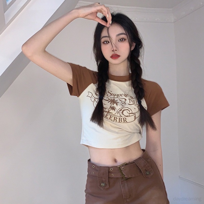 Áo Thun Croptop Tay Ngắn Dáng Ôm In Chữ Phong Cách Hàn Quốc Thời Trang Cho Nữ