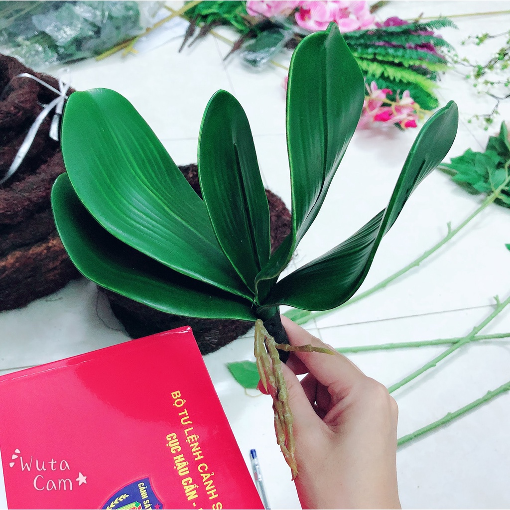 Lá lan hồ điệp, nhánh 5 lá cắm cùng hoa cực đẹp_Hoàn hoa lụa
