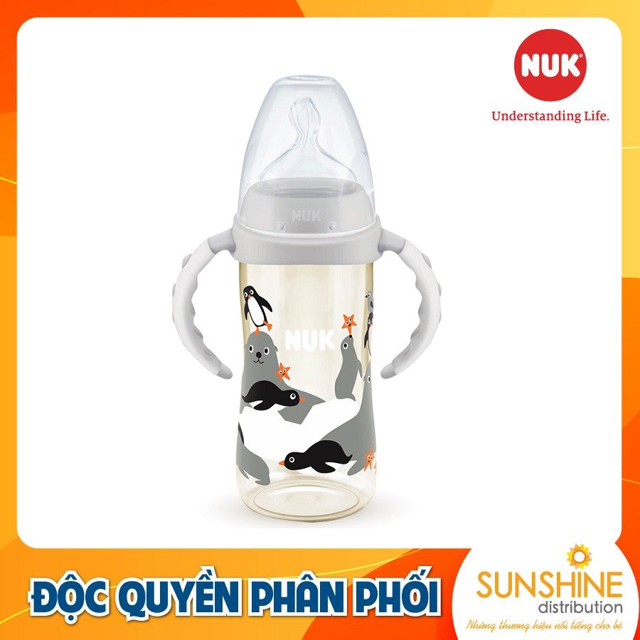 Bình Sữa NUK chất liệu PPSU cao cấp siêu nhẹ chống vỡ có tay cầm núm ti Silicone chỉnh nha S2-M