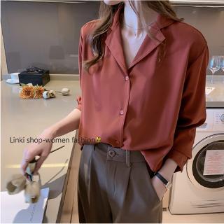 Áo sơ mi voan nữ tay dài cổ chữ V thời trang dễ thương phong cách Hàn Quốc