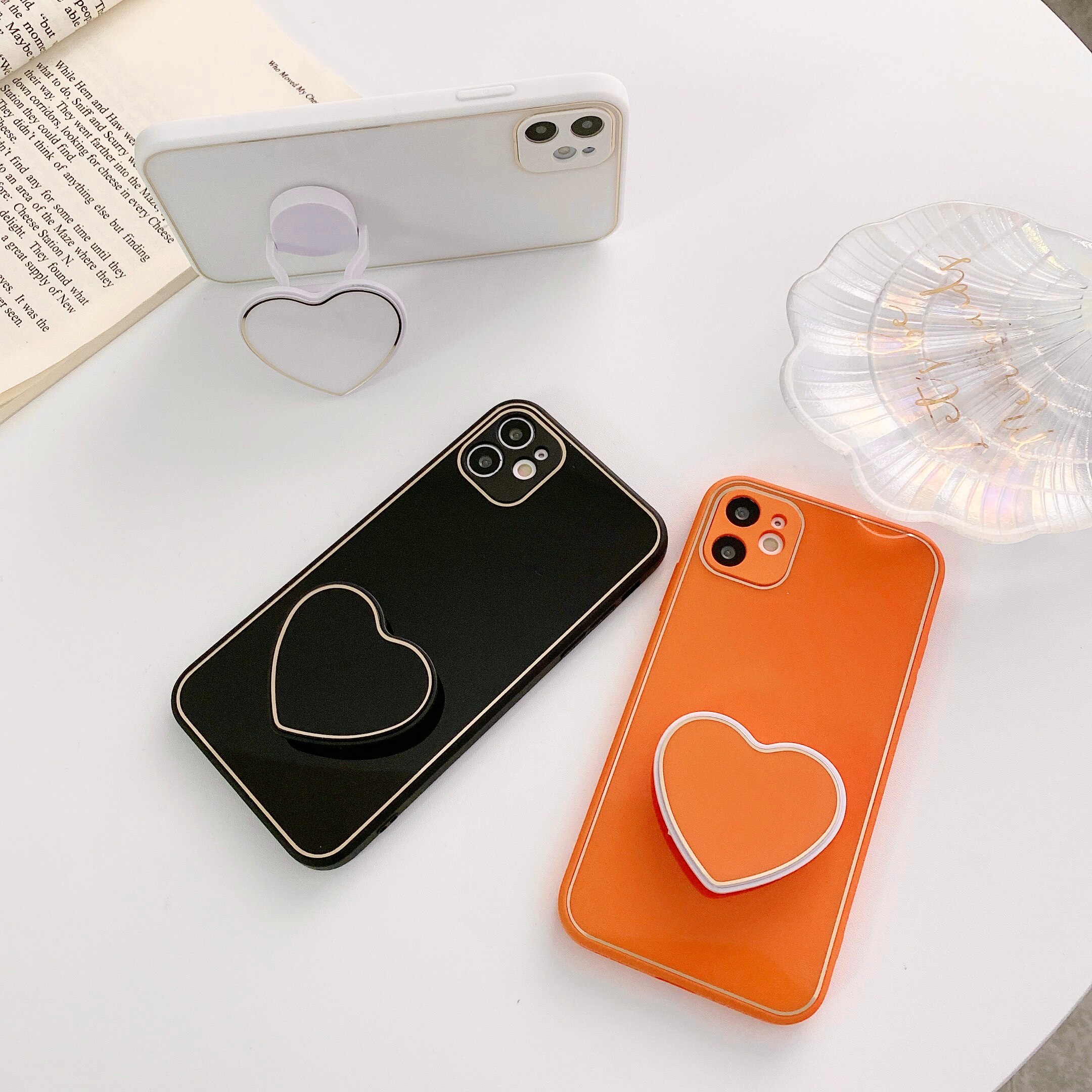 Luxury Plated Gold Heart Holder Case for iPhone 12 Pro Max Silicone Grip Stand Socket Cover for iPhone XR X XS SE 2020 7 Plus 8