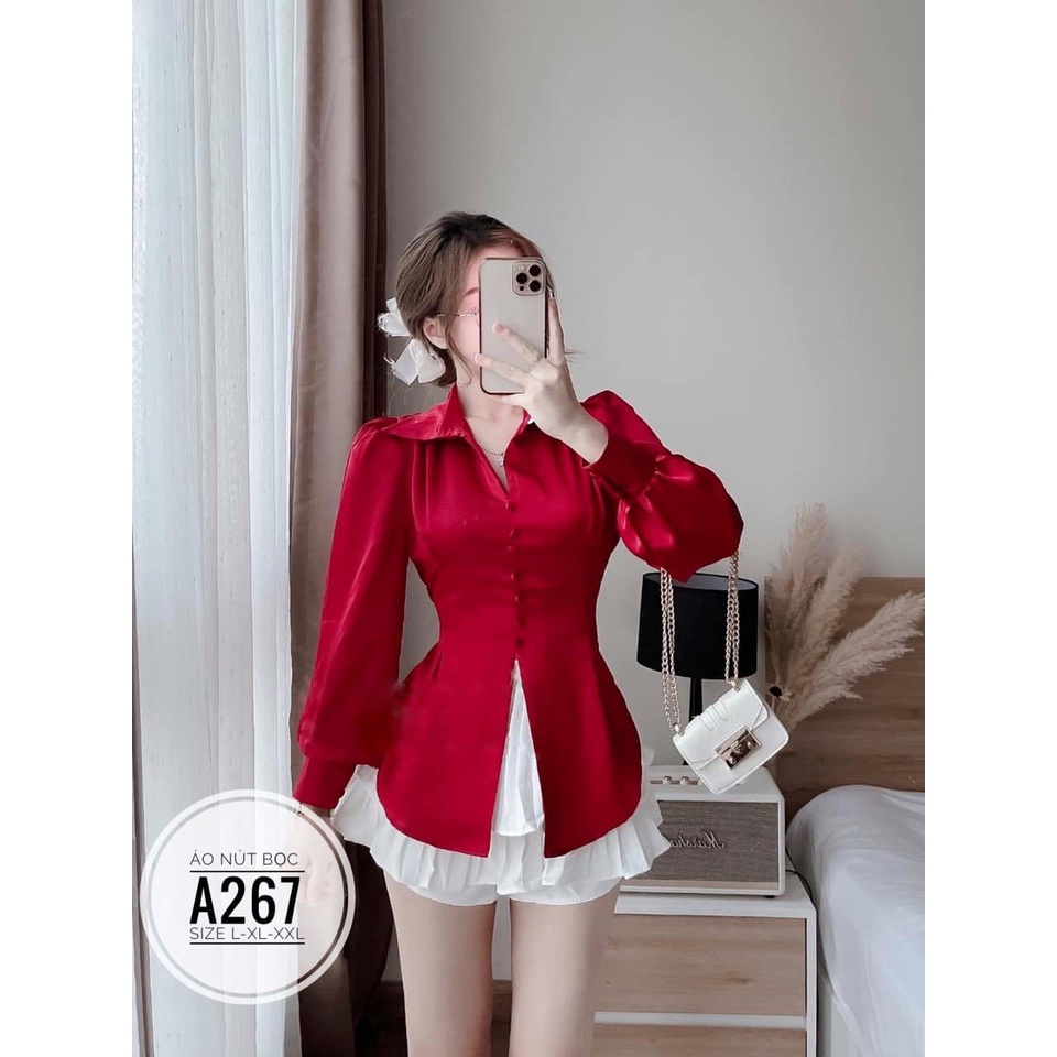 (60-90KG) BIGSIZE Áo nút bọc A267 Màu sắc: đỏ - xanh - trắng - đen&lt;br&gt;🧶Chất liệu: vải phi tuyết