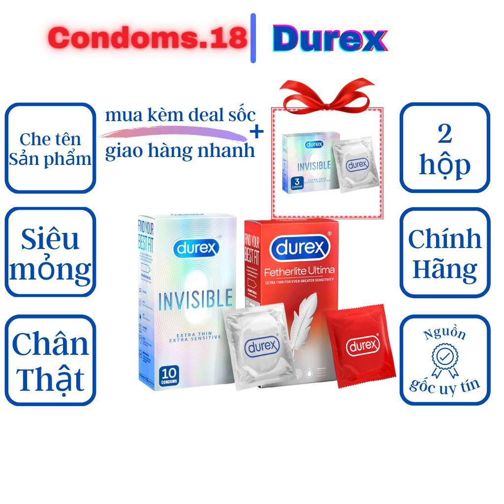 Bộ 2 bao cao su siêu mỏng Durex Invisible ( 10 bao ) và bao cao su Durex Fetherlite ( 12 bao )