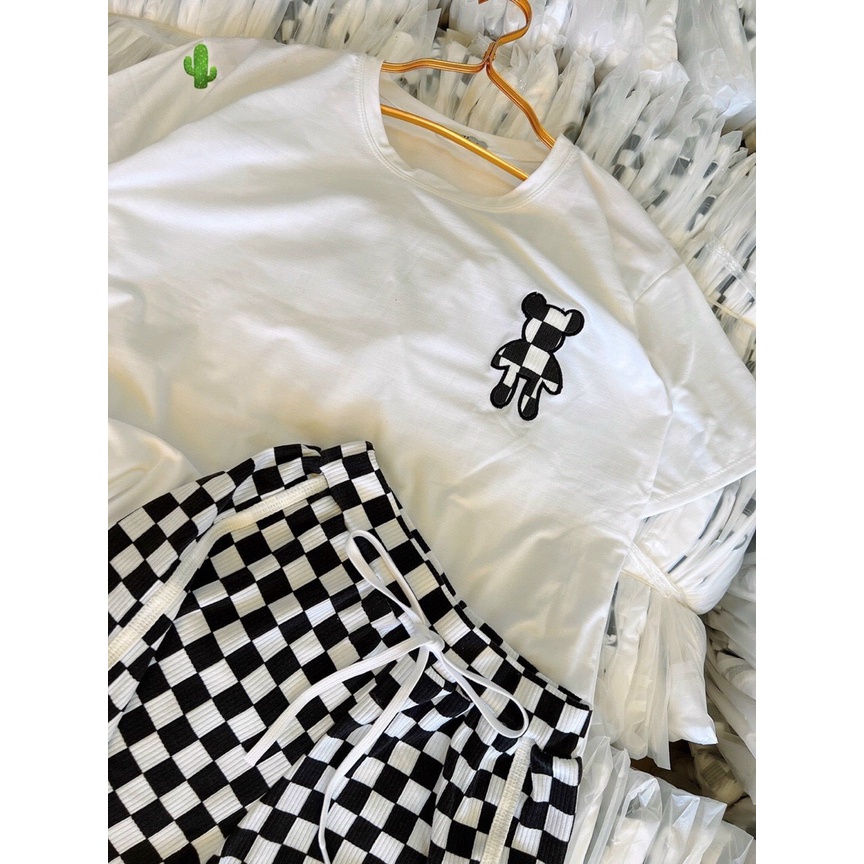 set bộ áo thun thêu gấu vuông quần đùi ô vuông p