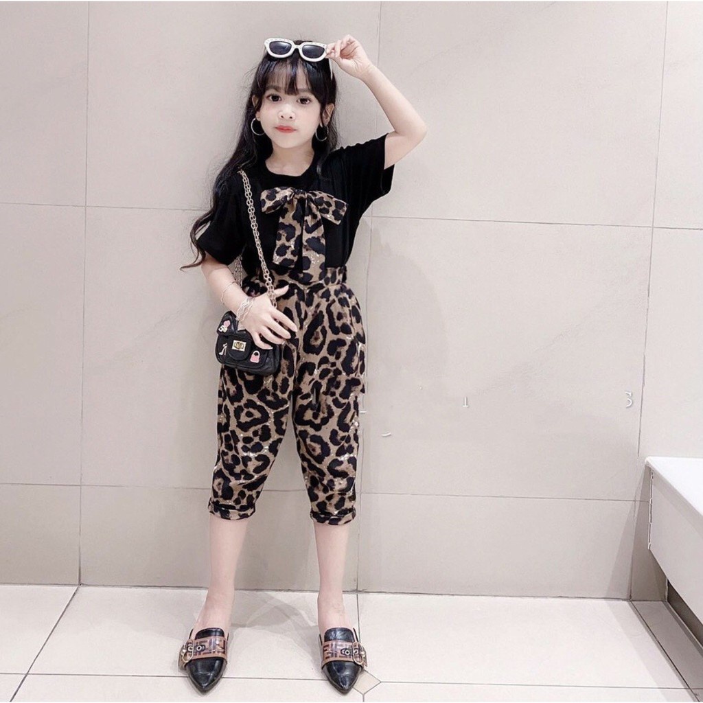 Set bộ quần áo trẻ em dành cho bé gái 18-45kg mẫu cổ nơ da beo. thiết kế đẹp, đường may kỹ. MA12.